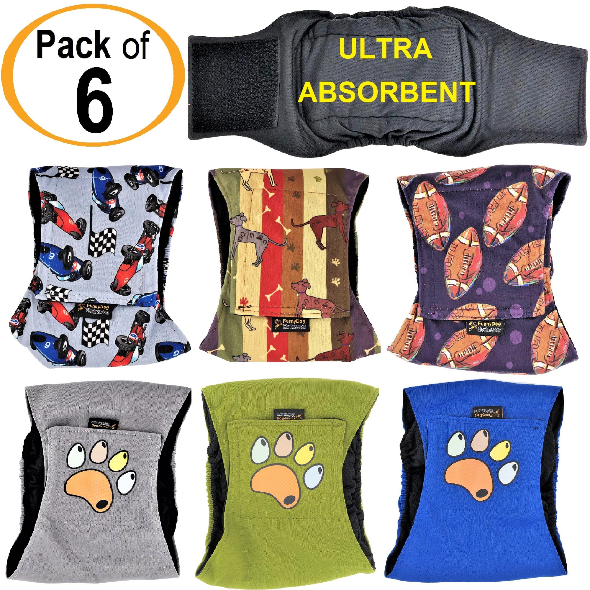 Pack of 6 Male Dog Diapers Belly Band Wrap Waterproof Leak Proof Washable