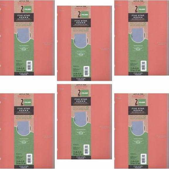 Pack of 6 - Mead Five Star Recycled 2-Pocket Plastic Portfolio Folder - Coral (9.5" x 11.75") Compatible with 3-Ring Binder