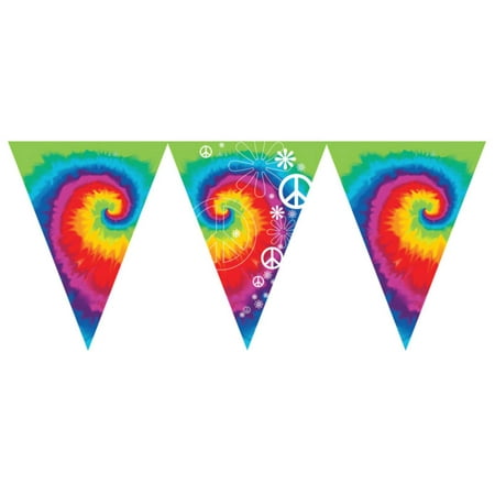 Pack of 6 Multi-Color Tie Dye Fun Flag Banners With Peace Signs and Flowers 12"