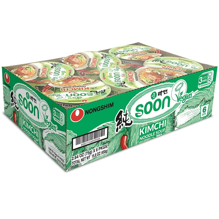 Nongshim Soon Vegan Korean Spicy Kimchi Instant Noodle Cup, 2.64