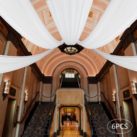 Pack of 6 Panels Ceiling Drapes for Weddings, 5ftx30ft Ceiling Curtains Sheer Chiffon Fabric, for Weddings, Parties, Events, Tent Draping (White)