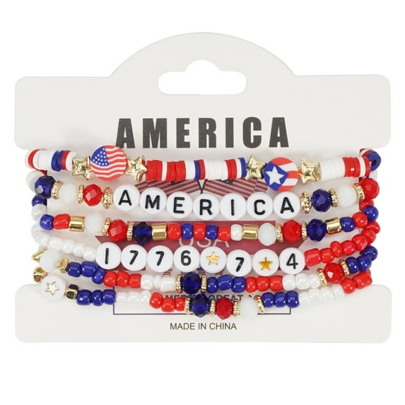 Pack of 6 Patriotic Beaded Bracelets American Flag Star Charm Jewelry Set