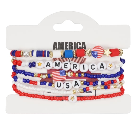 Pack of 6 Patriotic Beaded Bracelets American Flag Star Charm Jewelry Set