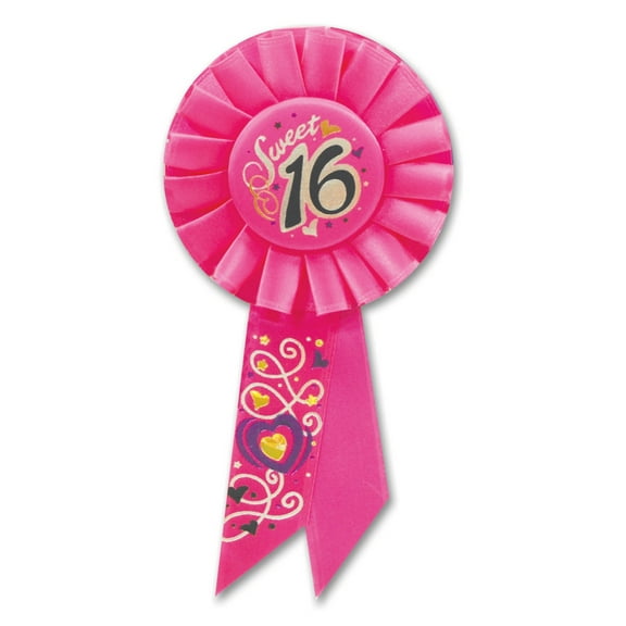 Beistle Pack of 6 Pink "Sweet 16" Happy Birthday Party Celebration Rosette Ribbons 6.5"