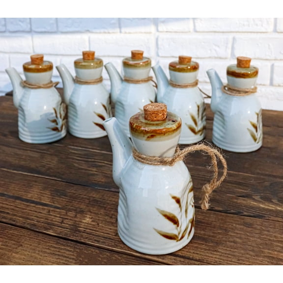 Pack of 6 Porcelain White Brown Reed Soy Sauce Vinegar Oil Dispenser Flask 7oz