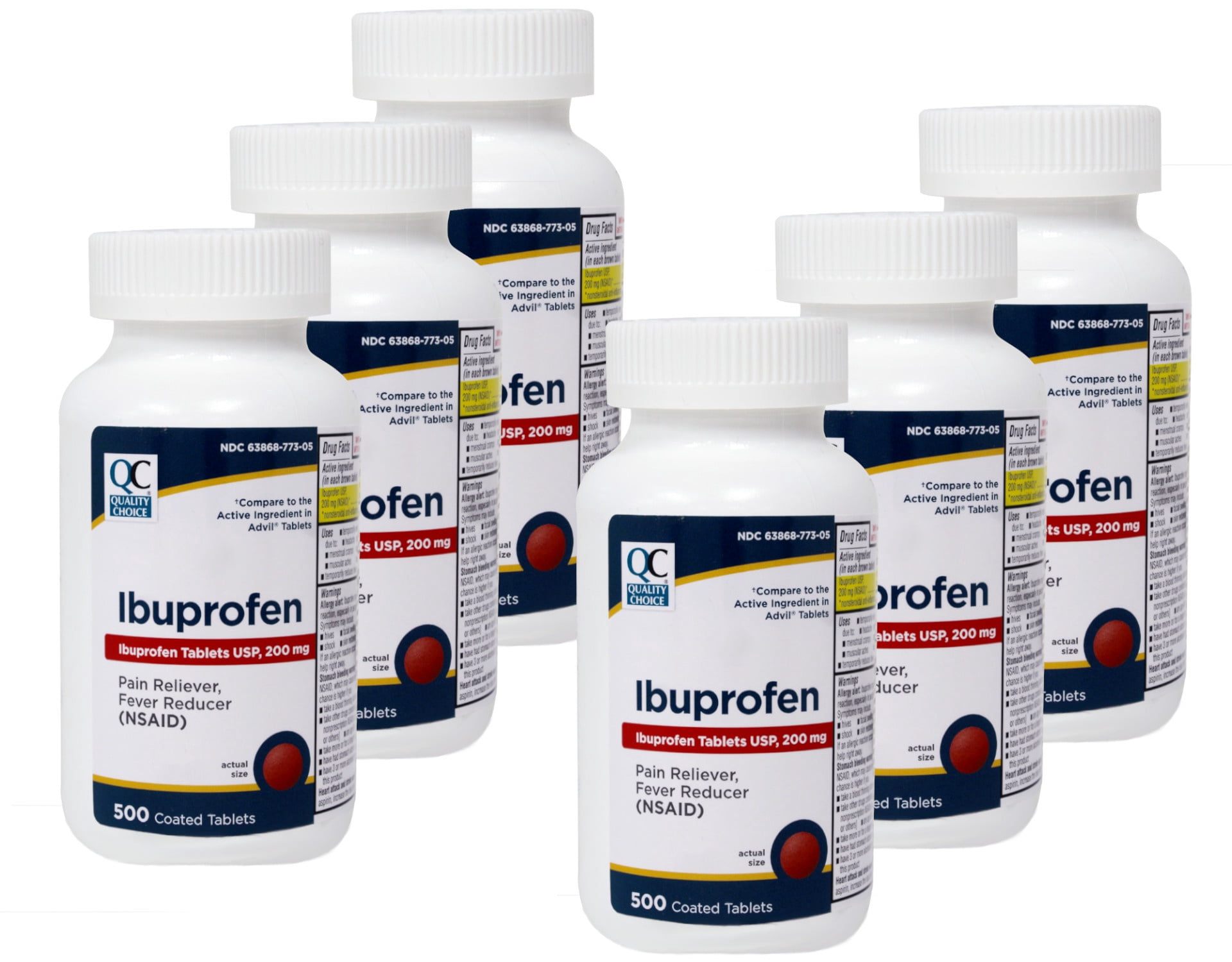 Pack of 6 Quality Choice Ibuprofen 200mg. Tablet 500 Count Each