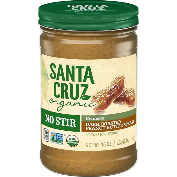 (Pack of 6), Santa Cruz Organic No Stir Crunchy Dark Roasted Peanut Butter Spread, 16 oz
