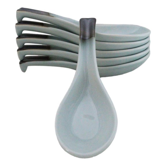 Pack of 6 Seikai Blue Sky Collection Ceramic Asian Soup Spoons With Hook 5.75"L