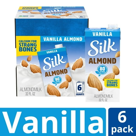 Silk Shelf Stable, Dairy Free, Lactose Free, Gluten Free, Vanilla Almond Milk, 32 fl oz Quart, Pack of 6
