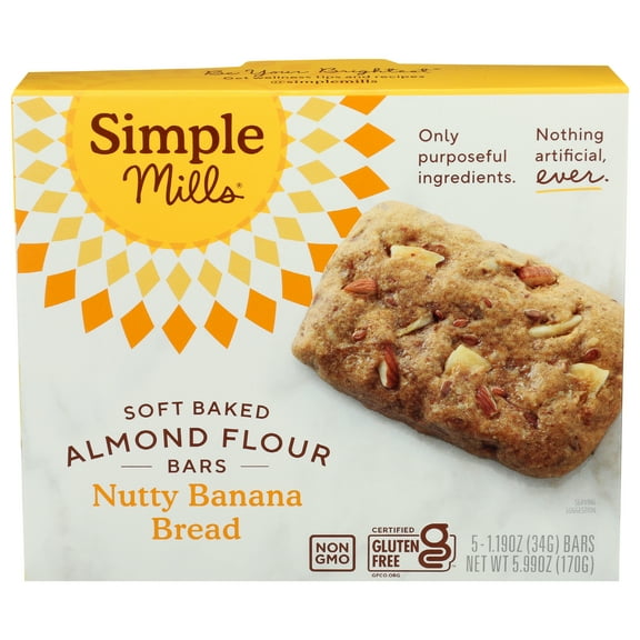 Pack of 6, Simple Mills Soft Baked Almond Flour Bars, Nutty Banana Bread, 5.99 oz