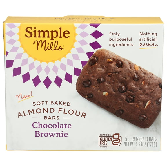 Pack of 6, Simple Mills Soft Baked Almond Flour Chocolate Brownie Bar, 5.99 oz
