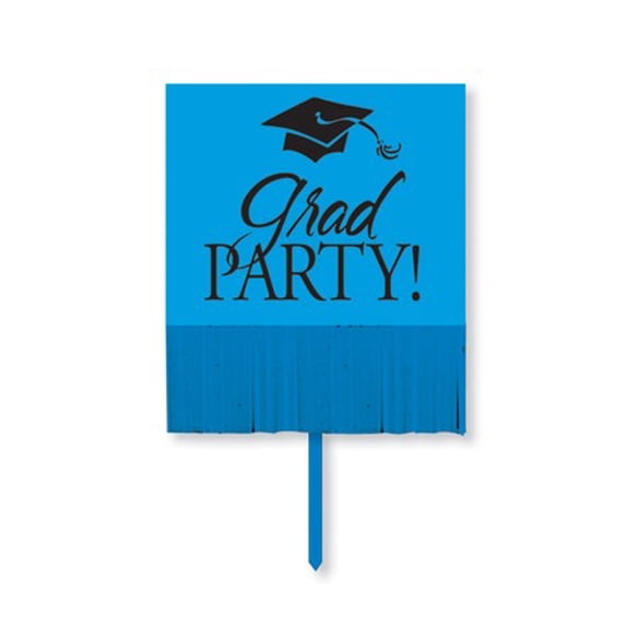 Pack of 6 True Blue and Black "Grad Party" Outdoor Garden Yard Sign Decorations with Fringe 26.75"