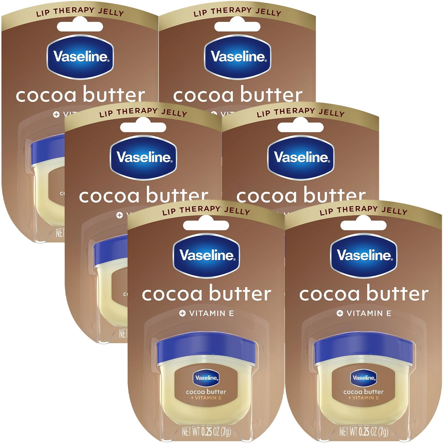Vaseline Lip Therapy Cocoa Butter 6-Pack  Mini Lip Balms for Soft, Glowing Lips, 0.25 Oz Ea