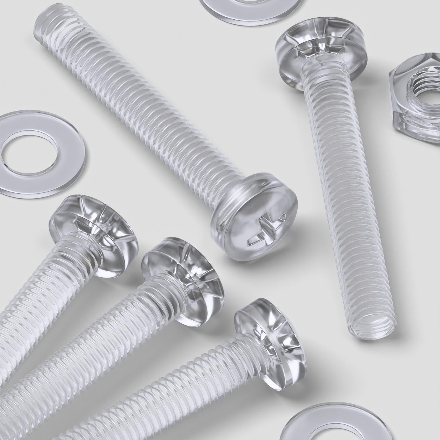 Pack of 60 Transparent Clear Plastic Acrylic M3 x 20mm Nuts & Bolts, Washers - Acrylic Plastic Screws, (3/32 x 25/32 in)