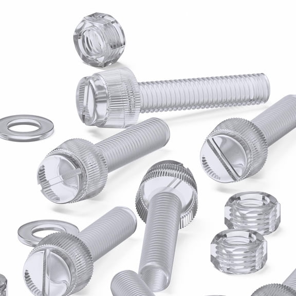 60x Transparent Clear Plastic Acrylic Thumbscrews, slotted+knurled M5 x 25mm, (13/64 x 1 in), nuts, bolts, washers