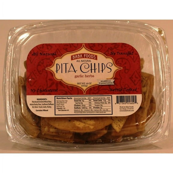 (Pack of 8) Baba Foods: Garlic Herbs Pita Chips 16 Oz