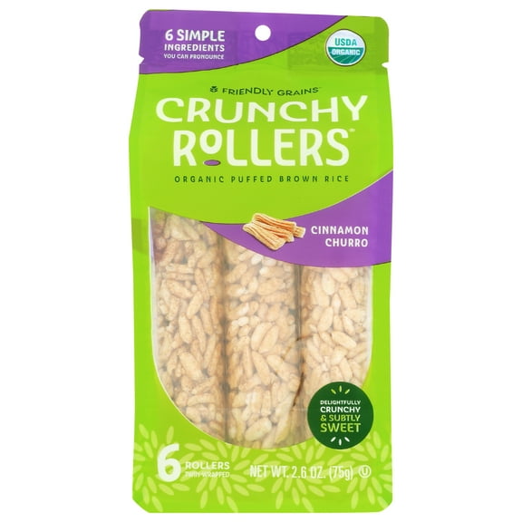 Pack of 8, Friendly Grains Crunchy Rollers Cinnamon Churro Puffed Brown Rice, 2.6 oz