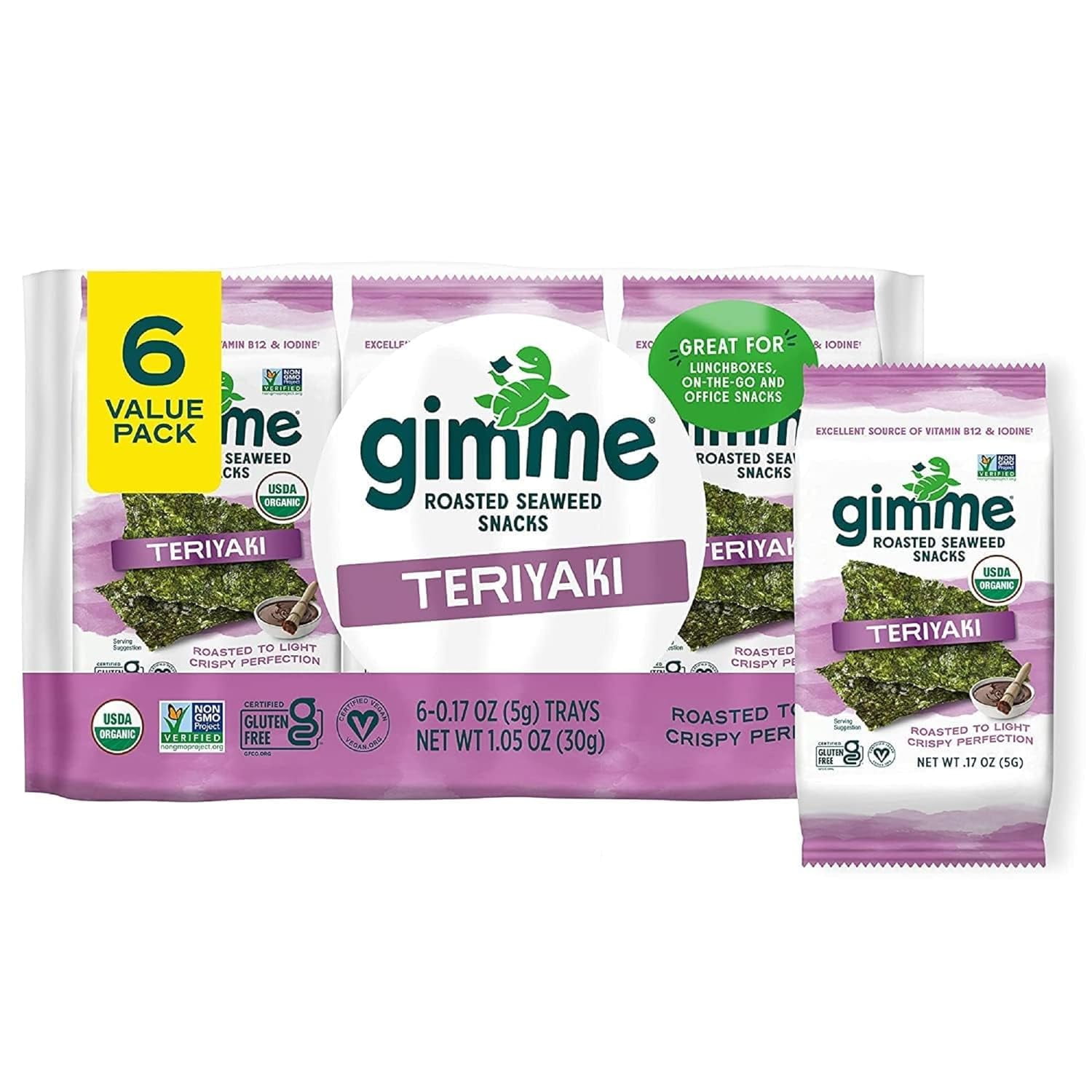 Pack of 8, Gimme Organic Teriyaki Roasted Seaweed Snacks, 1.05 oz
