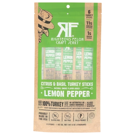 (Pack of 8) Righteous Felon Craft Jerky Stick Turkey Lemon Basil Pepper 6 oz