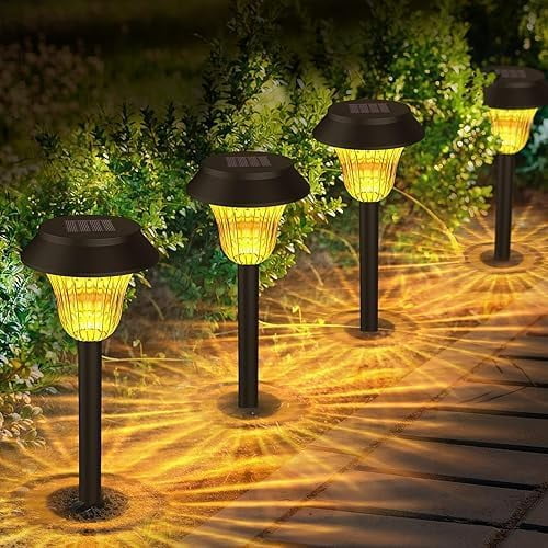 Pack of 8 Solar Path Lights Outdoor, Black Metal Garden Lights with Auto-Charging, 49cm Height Walkway Lights, 6-8 Hours Runtime, Glass Lens