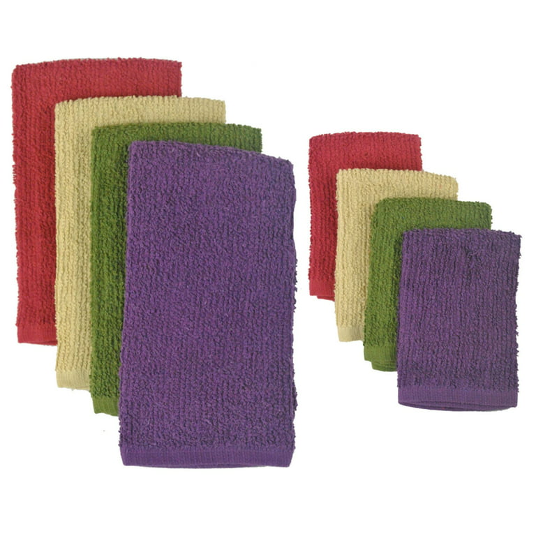 Pack of 8 Solid Multi-Colored Dish Towel and Wash Cloth Kitchen Accessory  Set - Terry Cloth 