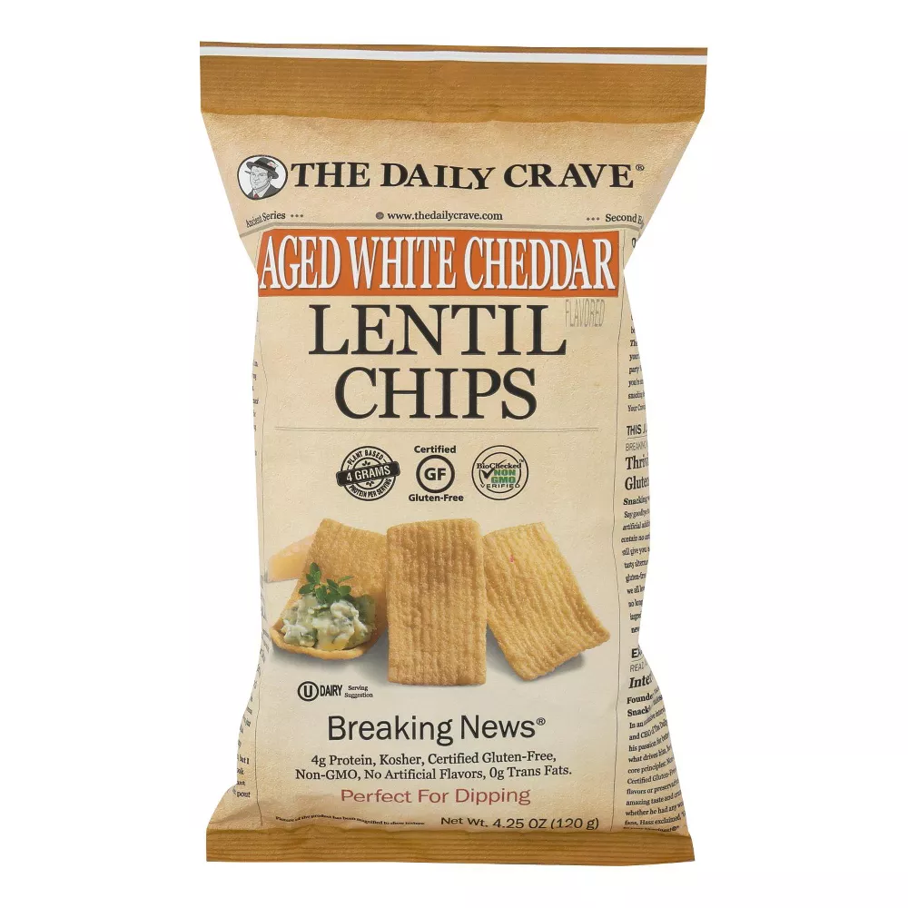 Pack of 8, The Daily Crave Aged White Cheddar Lentil Chips, 4.25 oz