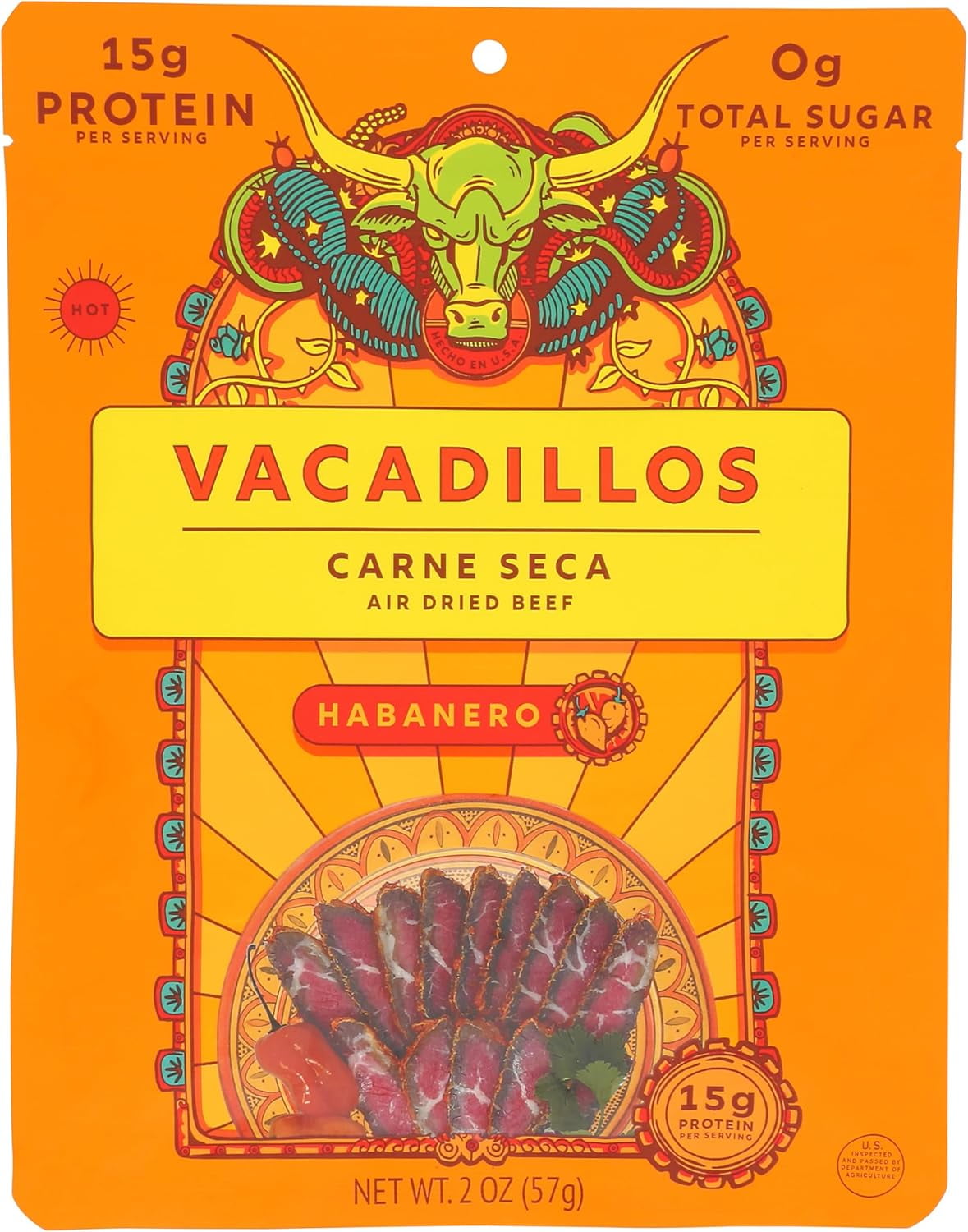 Pack of 8, Vacadillos Habanero Carne Seca Air Dried Beef, 2 oz