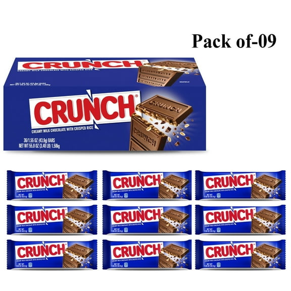 Pack of 9 CRUNCH: Milk Chocolate and Crisped Rice - Full Size Wrapped Candy Bar, 1.55 oz Each