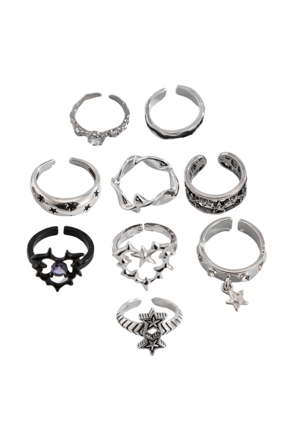 Pack of 9 Thorn Rings for Men and Women Gothic Styles Silver Set Featuring Butterfly and Flower Pattern Ornament