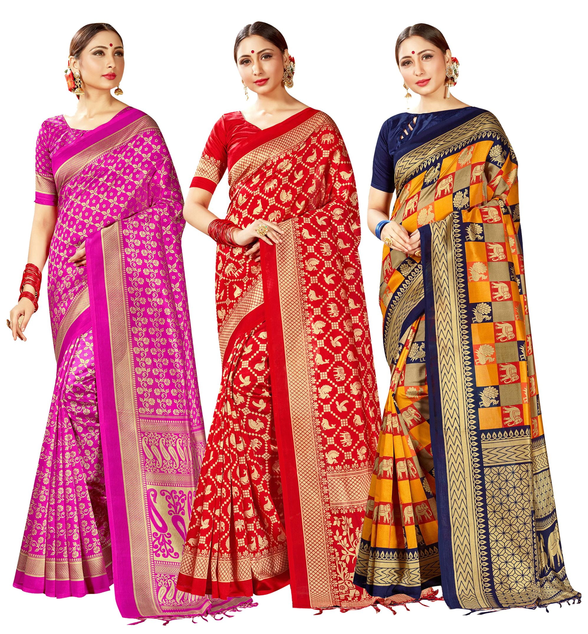 Pack of Three Sarees for Women Mysore Art Silk Printed Indian Wedding Sari, Ethnic Gift Sari Combo