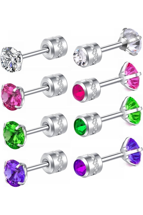 Pack of Titanium Stud Earrings for Women Men, 5A Cubic Zirconia Double Side Piercing Sleeper Earrings for Sensitive Ears 4mm[g0765]
