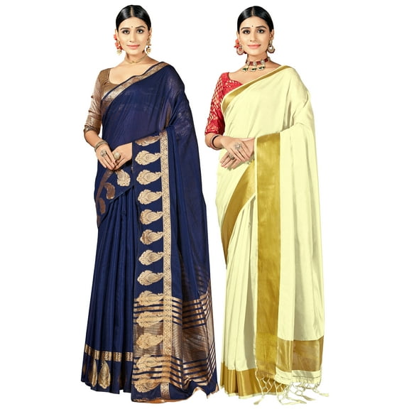 Pack of Two Saree for Women Cotton Silk Indian Wedding Woven Sarees | Diwali Ethnic Gift Sari Combo Set