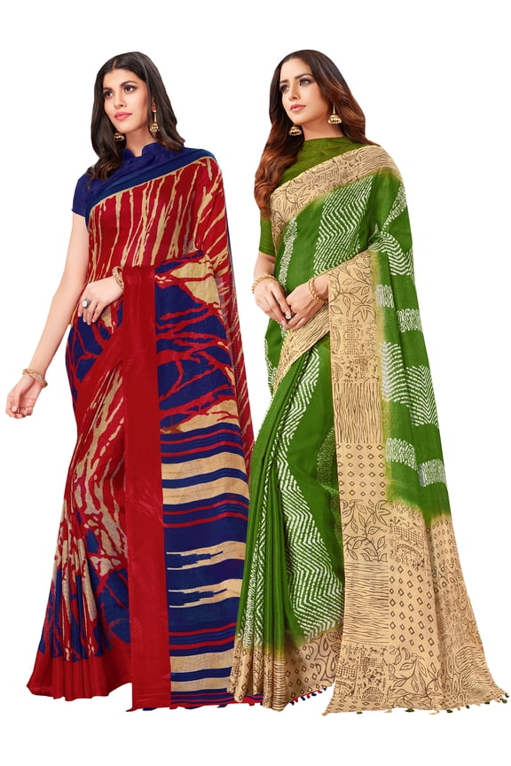 Pack of Two Saree for Women Printed Linen Silk Indian Wedding Sarees | Diwali Ethnic Gift Sari Combo Set