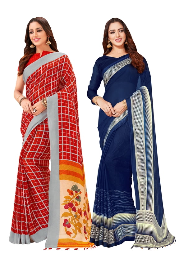 Pack of Two Saree for Women Printed Linen Silk Indian Wedding Sarees | Diwali Ethnic Gift Sari Combo Set
