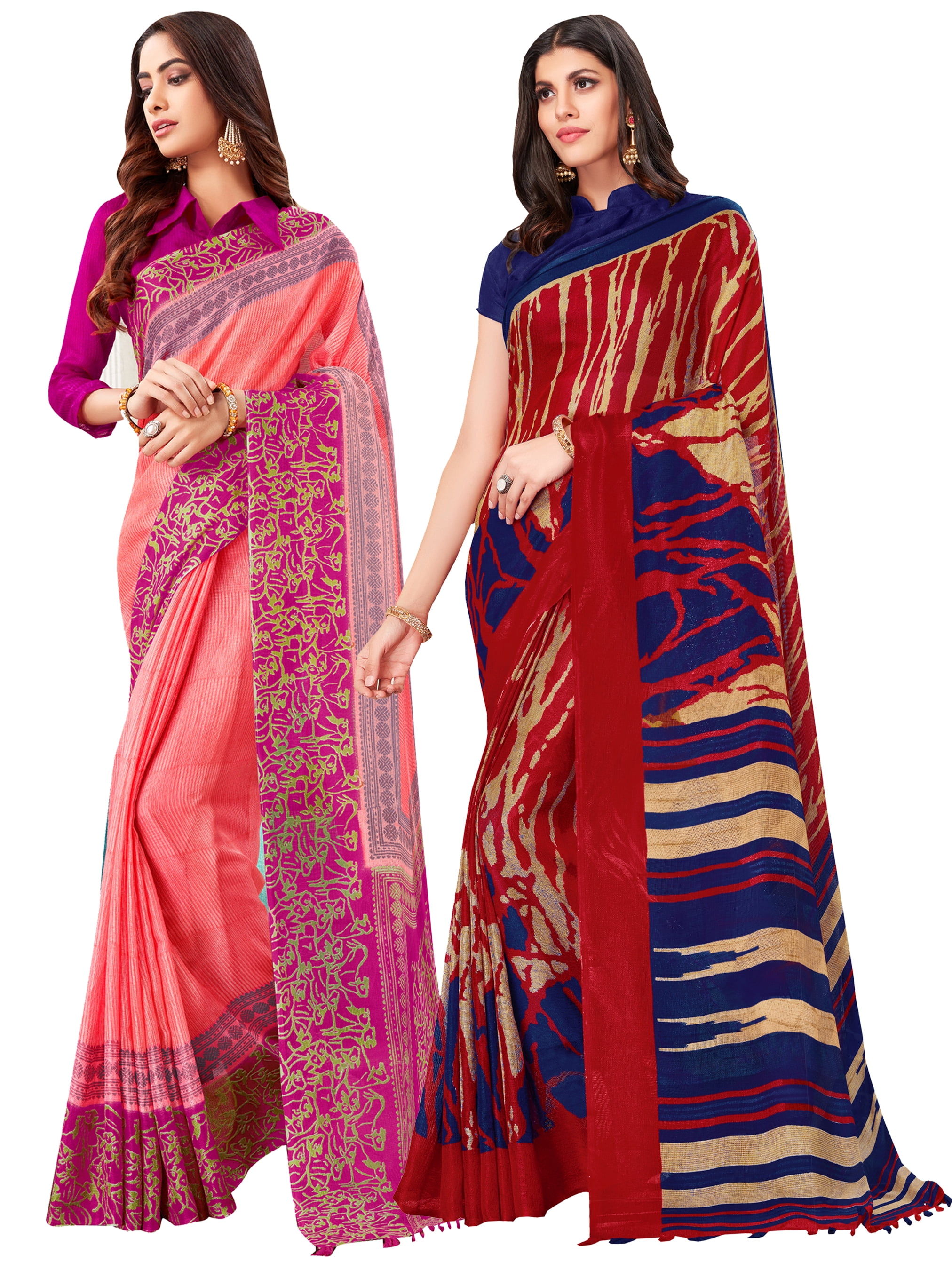 Pack of Two Saree for Women Printed Linen Silk Indian Wedding Sarees | Diwali Gift Ethnic Sari Combo