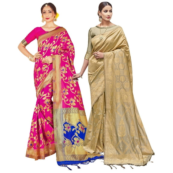 Pack of Two Sarees for Women Banarasi Art Silk Indian Wedding Sari | Diwali Ethnic Gift Woven Saree Combo Set
