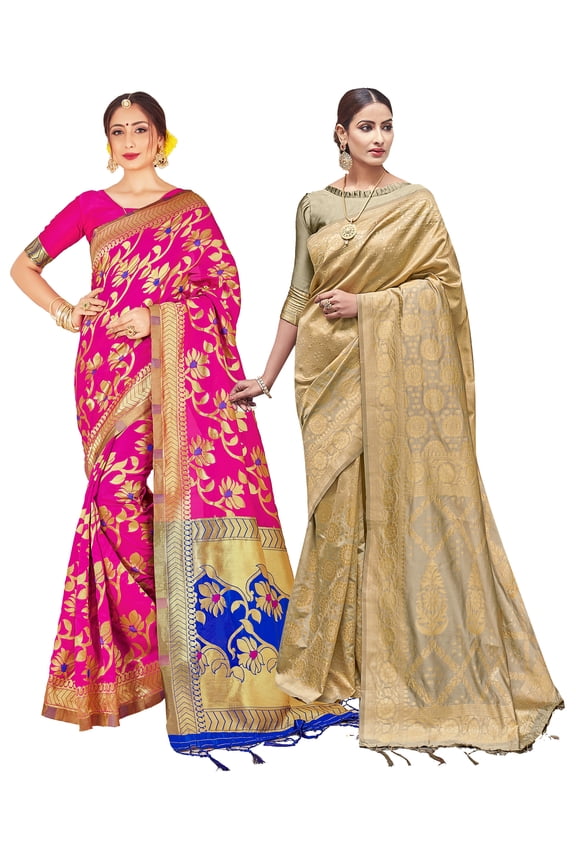 Pack of Two Sarees for Women Banarasi Art Silk Indian Wedding Sari | Diwali Ethnic Gift Woven Saree Combo Set