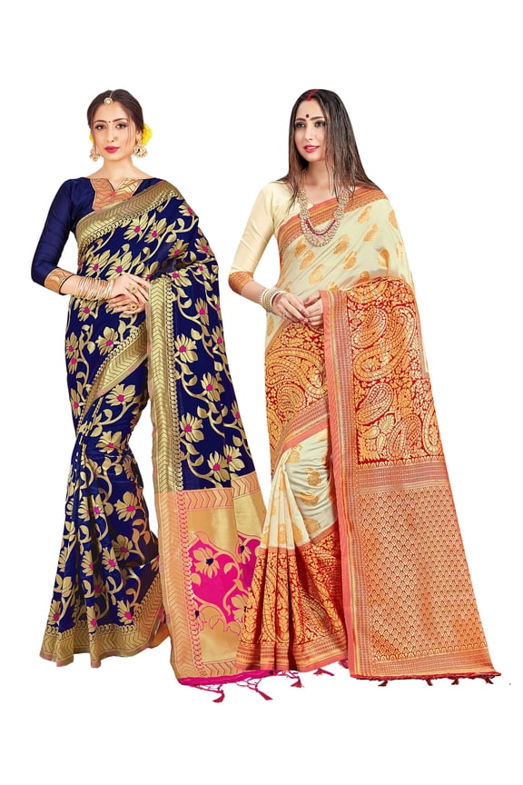 Pack of Two Sarees for Women Banarasi Art Silk IndianDiwali Sari || Wedding Ethnic Gift Woven Saree Combo