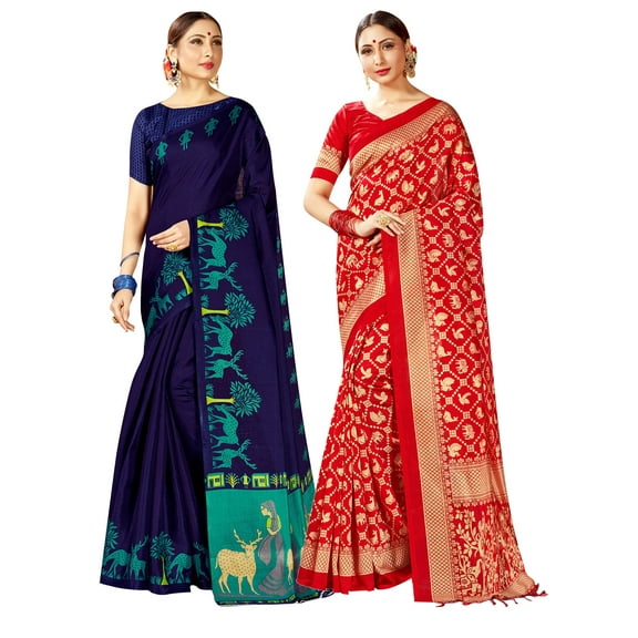 Pack of Two Sarees for Women Mysore Art Silk Printed Indian Diwali Sari || Wedding Gift Combo Saree