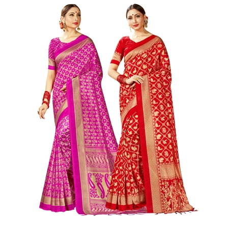 Pack of Two Sarees for Women Mysore Art Silk Printed Indian Wedding Sari || Diwali Gift Combo Saree