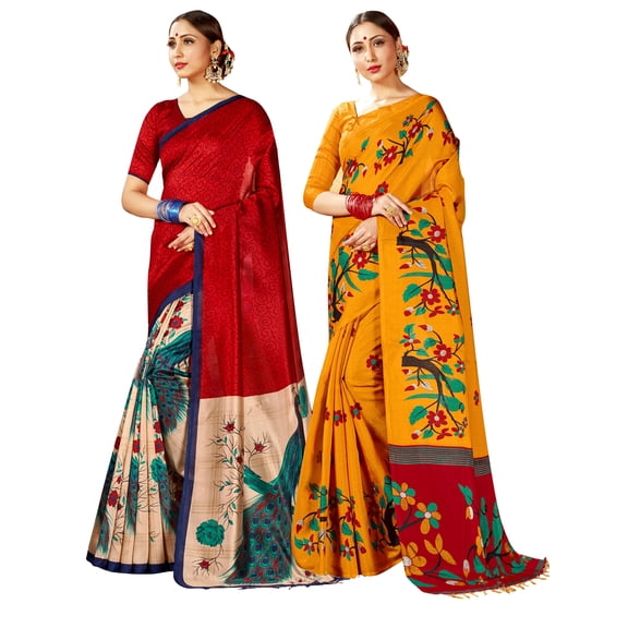 Pack of Two Sarees for Women Mysore Art Silk Printed Indian Wedding Sari || Diwali Gift Combo Saree