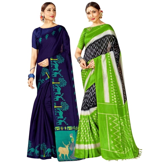 Pack of Two Sarees for Women Mysore Art Silk Printed Indian Wedding Sari | Diwali Gift Ethnic Saree Combo