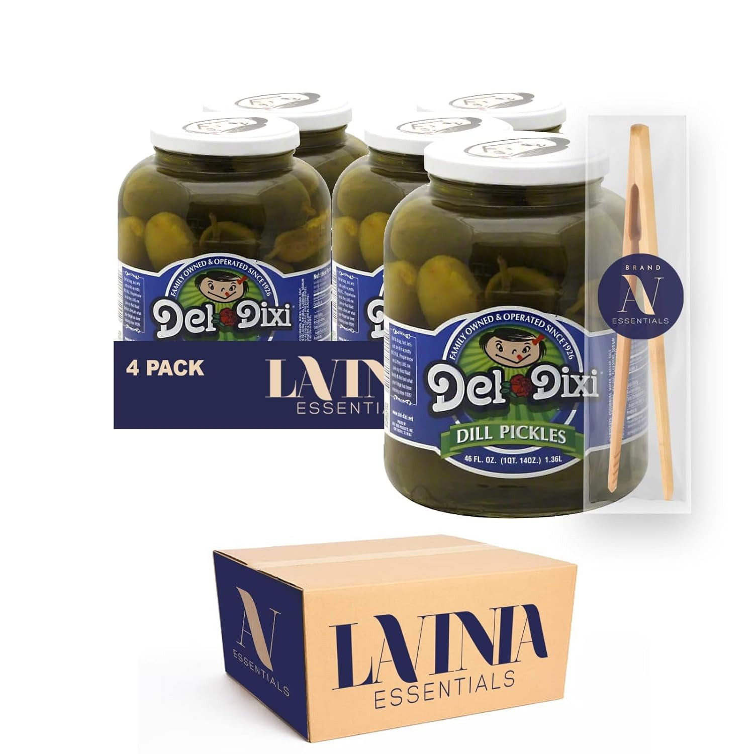 Pack of Whole Dill Pickles Glass Jar 46 oz + 17 Inch Bamboo Tong by