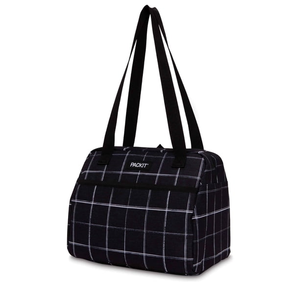PackIt Freezable Hampton Lunch Bag, Black Grid, built with Shoulder Straps and Zipper Closure
