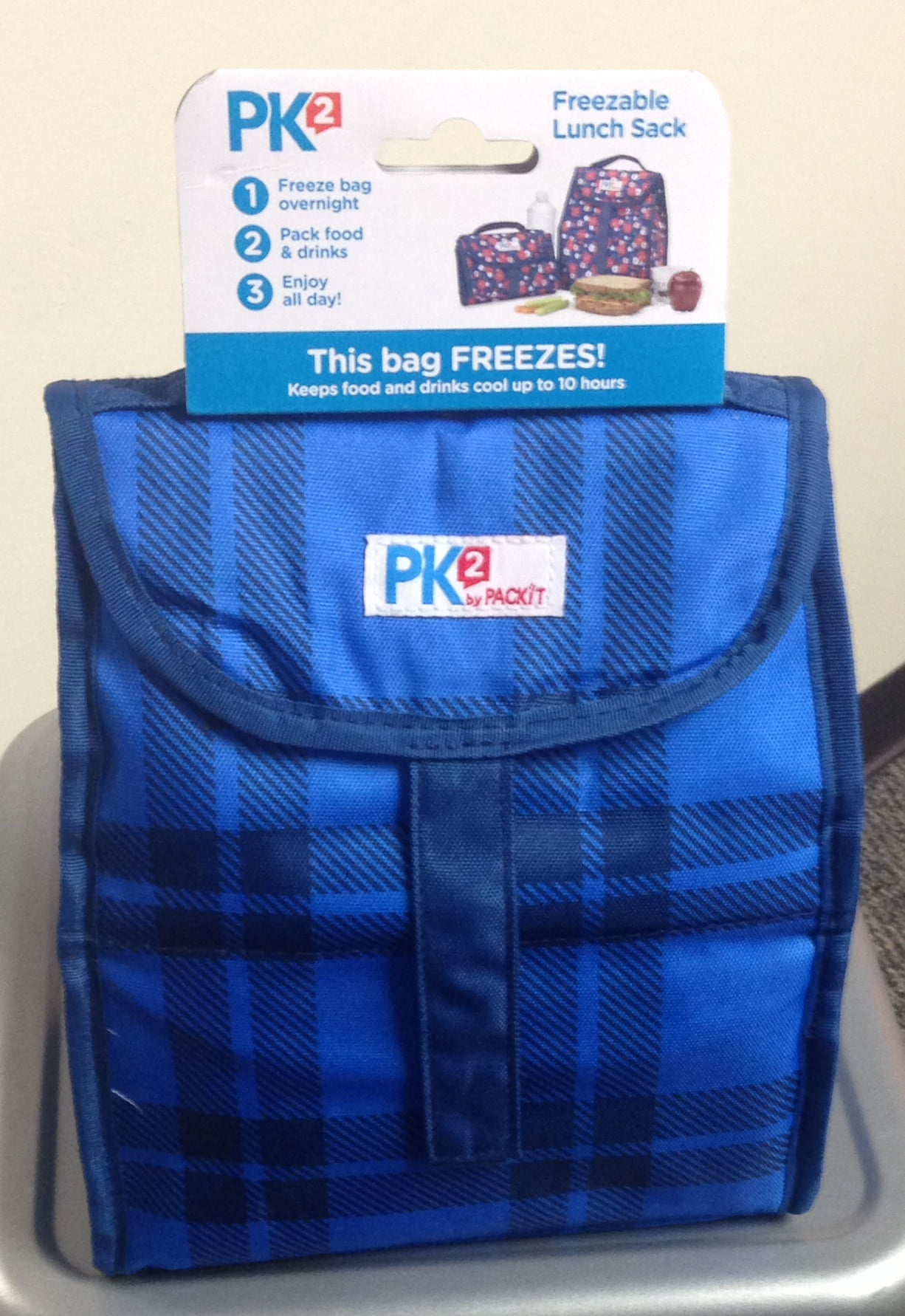 PackIt Freezable Lunch Bag with Carry Handle – Durable, Insulated, Velcro closure, Blue Plaid