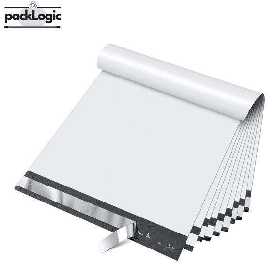 PackLogic 12x15.5 Poly Mailers, White Self-Sealing Plastic Shipping Bags, 2.5 Mil, 10 Count
