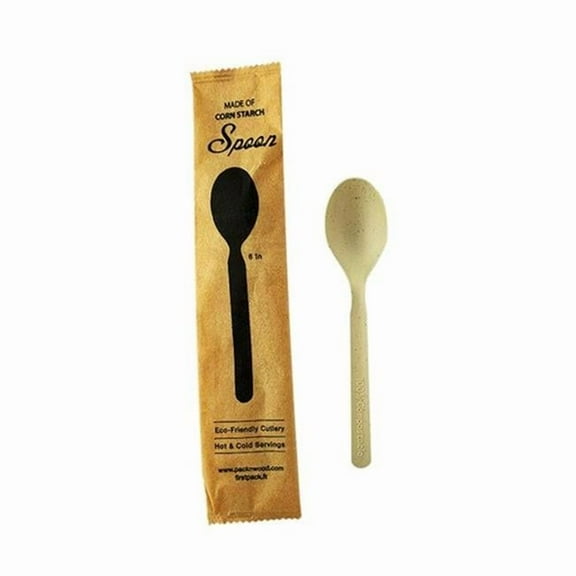 PackNwood 210CVPL633BBW Bamboo Fiber Plus PLA Spoon Individually Wrapped in Paper Wrapper, Ochre - 500 Piece