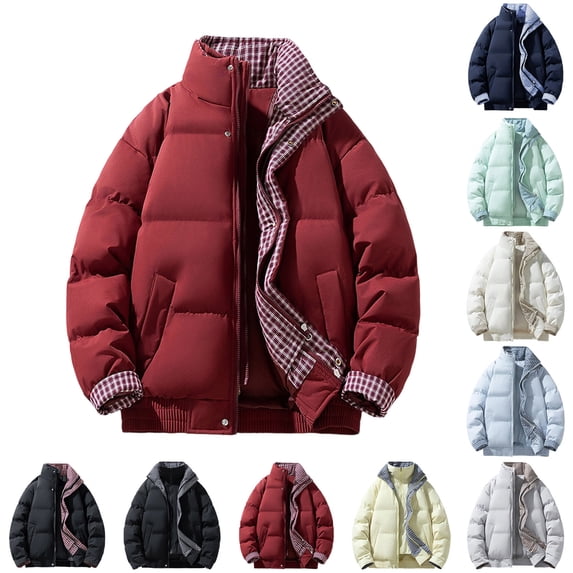 Packable Coat for Men Warm Winter windproof Plaid Lined Stand Collar Puffer Jacket Full Zip Up Button Windproof Quilted Winter Coat with Contrast Plaid Cuffs and Inner Collar