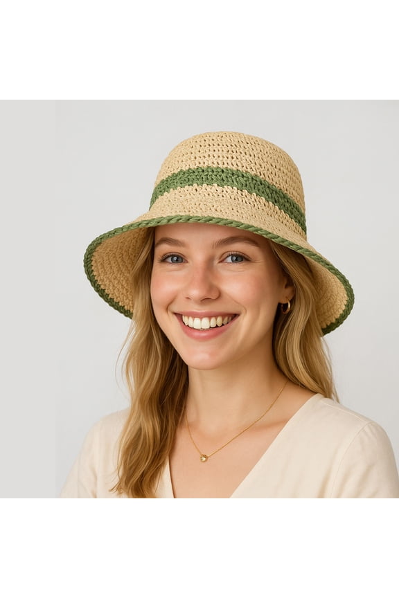 Packable Crochet Straw Bucket Hat with Two-Tone Design Lightweight Summer Sun Hat for Beach Travel Hiking Outdoor Use - Green