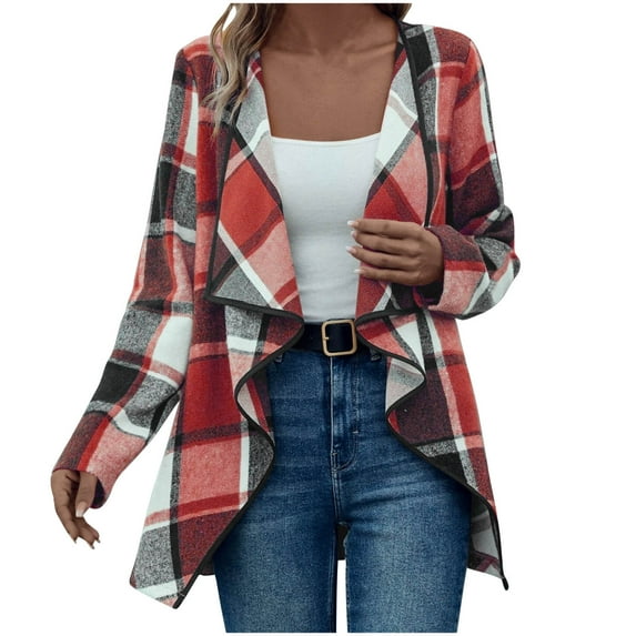 Packable down Jacket Women's Flannel Plaid Open Front Cardigan Collar Asymmetrical Coat Jacket Outerwear Chunky Cardigan Sweaters for Women S-19 Red-A XL